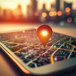 A smartphone displaying a digital map with a glowing location pin hovering above the screen. The background is blurred with warm city lights, creating a futuristic and high-tech feel.