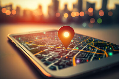 A smartphone displaying a digital map with a glowing location pin hovering above the screen. The background is blurred with warm city lights, creating a futuristic and high-tech feel.
