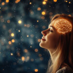 A young woman with a peaceful expression and closed eyes, surrounded by glowing golden lights. A digitally rendered, illuminated brain is superimposed on her head, symbolizing intelligence, creativity, or deep thought. The background is blurred with warm, star-like bokeh effects, creating a dreamy and futuristic atmosphere.