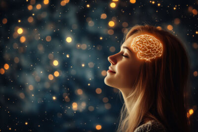 A young woman with a peaceful expression and closed eyes, surrounded by glowing golden lights. A digitally rendered, illuminated brain is superimposed on her head, symbolizing intelligence, creativity, or deep thought. The background is blurred with warm, star-like bokeh effects, creating a dreamy and futuristic atmosphere.
