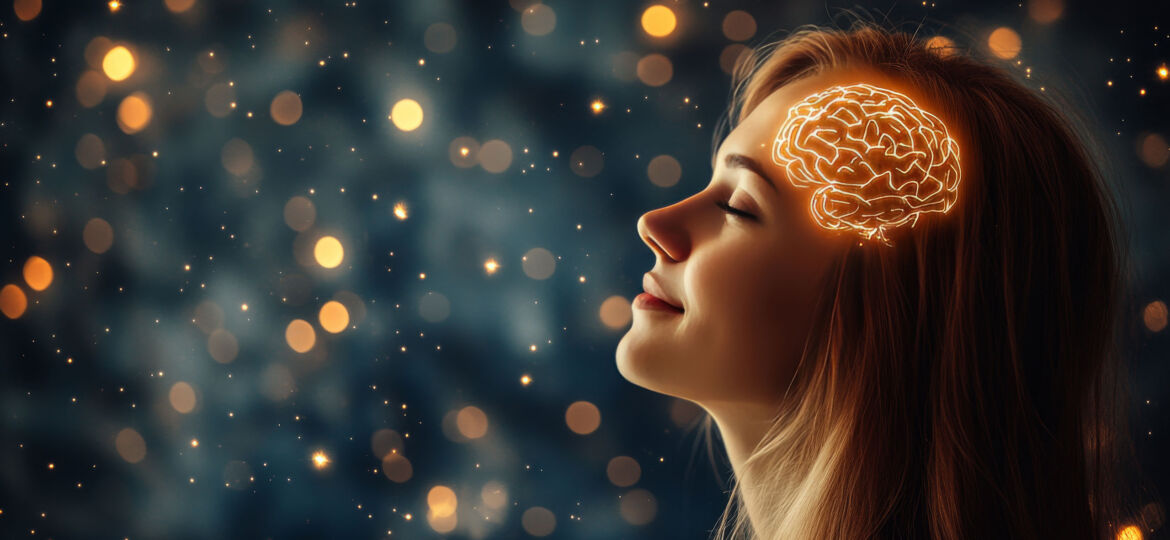 A young woman with a peaceful expression and closed eyes, surrounded by glowing golden lights. A digitally rendered, illuminated brain is superimposed on her head, symbolizing intelligence, creativity, or deep thought. The background is blurred with warm, star-like bokeh effects, creating a dreamy and futuristic atmosphere.